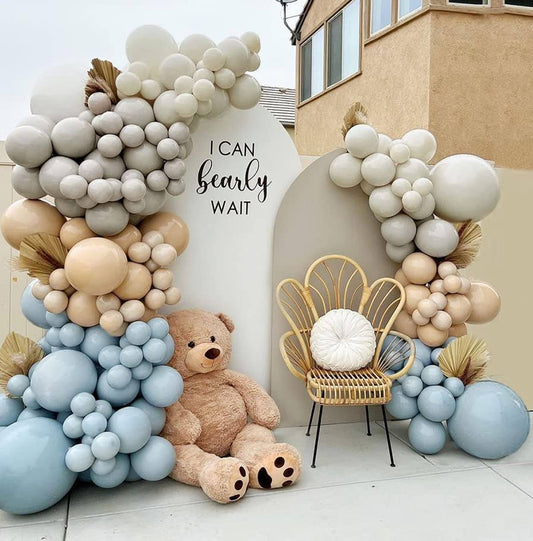 Dusty Blue Brown Balloon Garland Double Stuffed Blue Tan Balloons White Sand Grey Latex Balloons Neutral Balloon Arch Kit For Teddy Bear Baby Shower