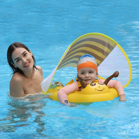 Free Swimming Baby Inflatable Baby Pool Float Ring Size Improved Bumble Bee Toddler Swim Trainer with Canopy for Age of 3-36 Months