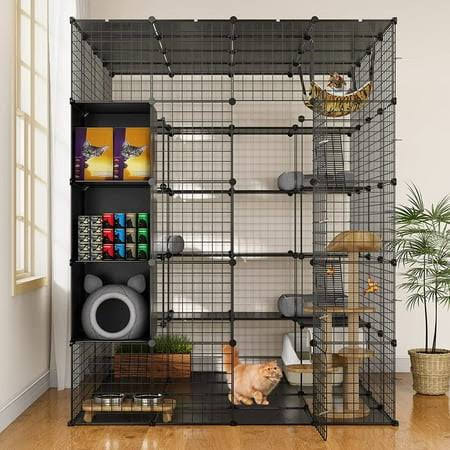 Dextrus 5-Tier Metal Cat Cage with Cube Storage,DIY Indoor Catio Enclosure Spacious Cat Playpen with Hammock